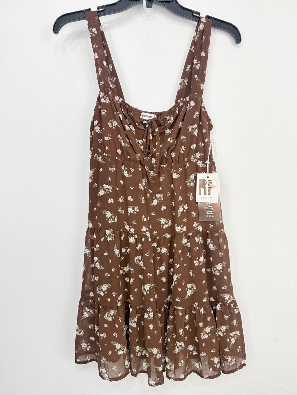 Rachel Paige Brown White Floral Baby Doll Cottage Core Tiered Mini Dress NEW